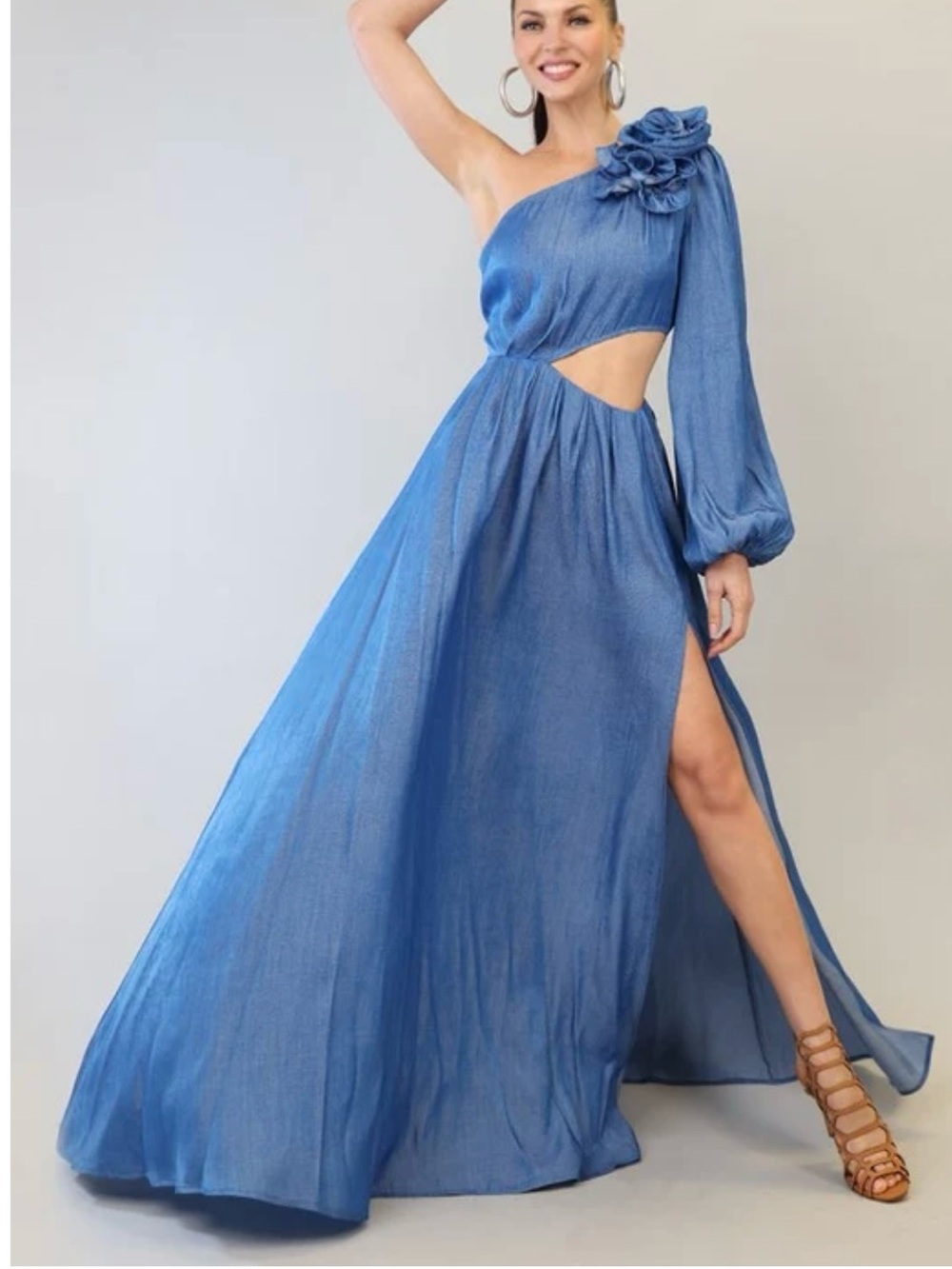 One-Shoulder Blue Maxi Dress with Floral Shoulder Detail size L